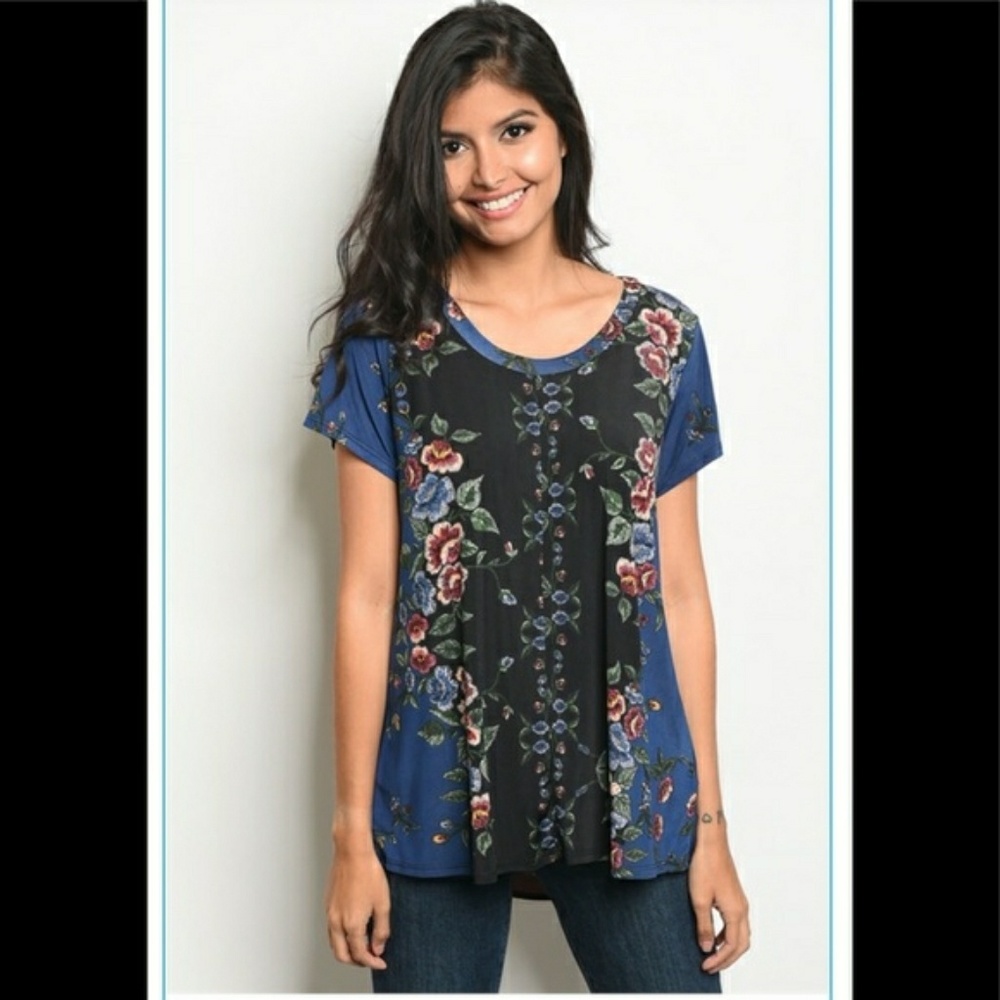 Gilli Blue & Wine Floral Print Top